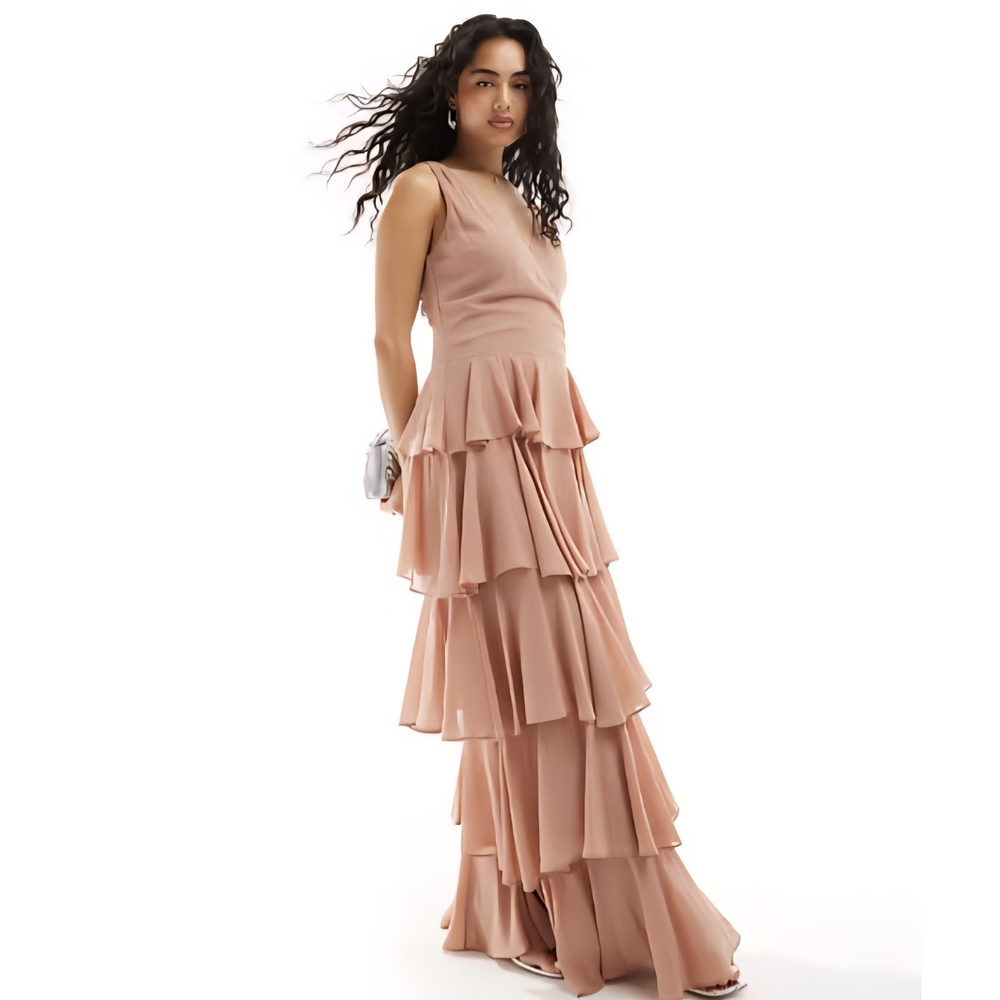 Bridesmaids Tiered Rose Brown MAXI Dress